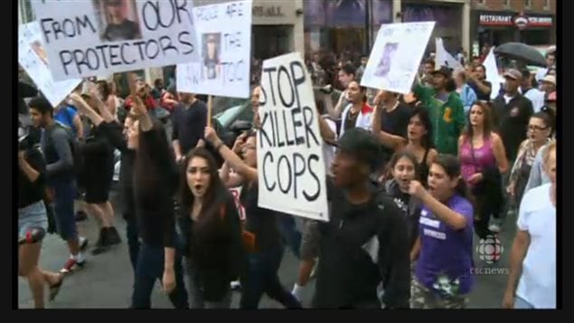 One of several demonstrations against Forcill and police use of guns as a result of citizen videos of the shooting posted on YouTube