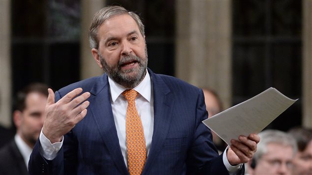 Thomas Mulcair faces a leadership review in the spring. We see Mulcair in the House of Commons dressed in a  blue blazer gesturing with his right hand and holding a piece of paper in his left hand.