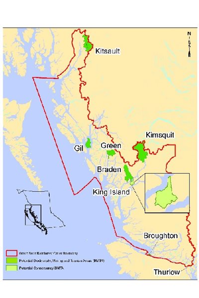 The Great Bear Rainforest, from about 200km nothe of Vancouver all the way up to the Alaska panhandle border.