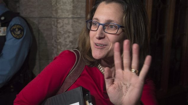  International Trade Minister Chrystia Freeland waves to reporters as she makes her way to Question Period in the House of Commons Tuesday January 26, 2016 in Ottawa. 