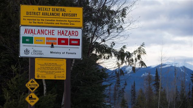 A sign warns the avalanche hazard is ‘considerable’ near Mount Renshaw where five snowmobilers died on January 29, 2016.