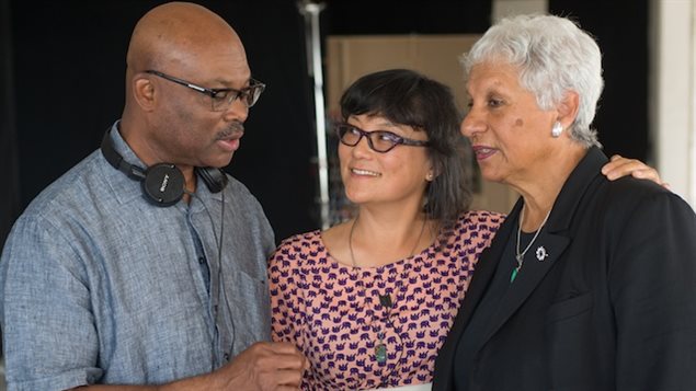 Ninth Floor producer Selwyn Jacob on set with director Mina Shum and Senator Anne Cools.