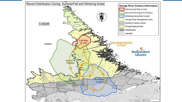 Teh George River Herd migration patterns across a vast areas of the north-eastern area of the province of Quebcc, and through Labrador in the province of Newfoundland and Labrador