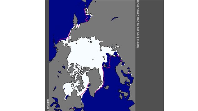 NSIDC imagery showing *normal* ice extent (red line) and conditions in Dec 2015.  January had the lowest ice extent on record for the month.