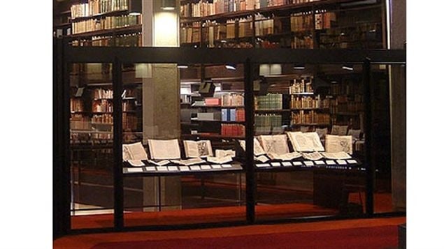 One of the display cases featuring the rare books as part of the *So long lives this* exhibit at the Fisher Rare Book Library at the University of Toronto