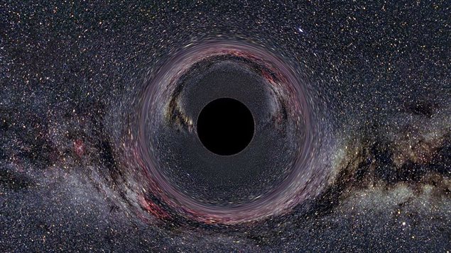 A simulated Black Hole of ten solar masses as seen from a distance of 600km with the Milky Way in the background