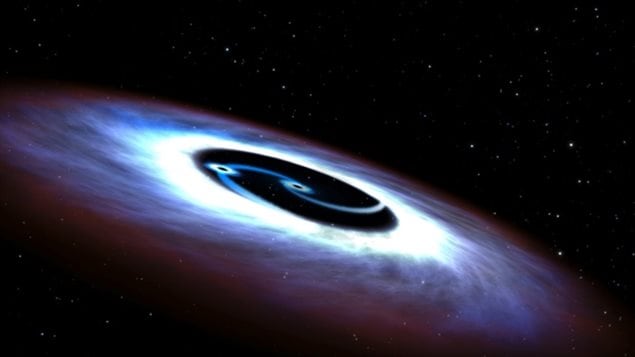Two giant black holes spiral in toward each other. The collision created ripples in space-time that have  been deteced for the first time, and which prove another portion of Einstein’s theory of general relativity.