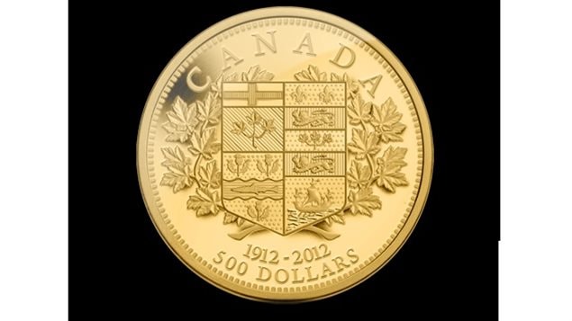 A 100th anniversary 2012 minting of a 500 dollar Canadian gold coin bearing the shield of Canadian provinces of the period that appeared on the original 1912 five and ten dollar gold coins