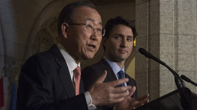  Prime Minister Justin Trudeau and United Nations Secretary General Ban Ki-moon take part in a joint news conference in the Foyer of the House of Commons on Parliament hill in Ottawa, Thursday February 11, 2016. 