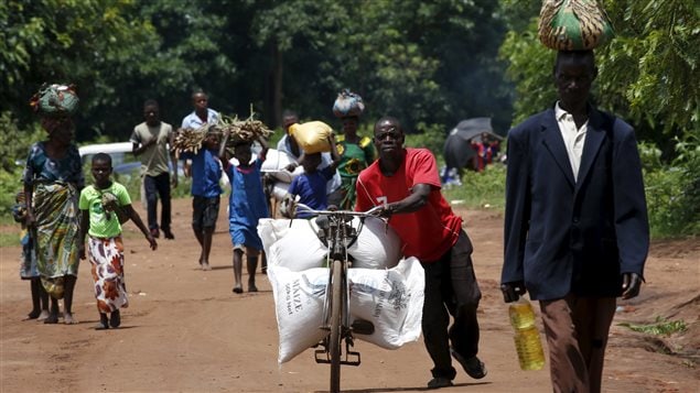 A Malawian man transports food aid distributed by the United Nations World Food Progamme (WFP) through maize fields in Mzumazi village near the capital Lilongwe, February 3, 2016. Late rains in Malawi threaten the staple maize crop and have pushed prices to record highs. About 14 million people face hunger in Southern Africa because of a drought exacerbated by an El Nino weather pattern, according to the WFP.