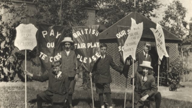 French-speaking children protested Regulation 17 which virtually banned the use of French in schools in Ontario between 1912 and 1927.