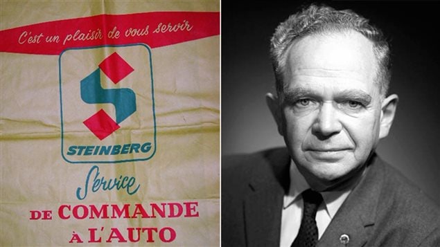 Un sac du supermarché Steinberg et une photo de l'entrepreneur Sam Steinberg, en 1961 Un sac du supermarché Steinberg et une photo de l'entrepreneur Sam Steinberg, en 1961