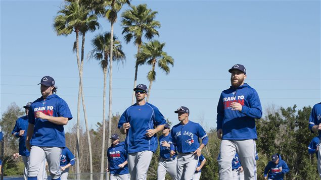 Blue Jays players including R.A. Dickey (left) and Russell Martin (right) warm up under the palms at spring training in Dunedin, Fla. on Sunday. We see the boys dressed in blue tops and blue shirts with white pants jogging into the photo. Behind them tall palm trees sway.