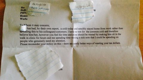 A note seemingly written by doctor went viral in April 2015. It complained that writing sick notes was a waste of time and taxpayers’ money.