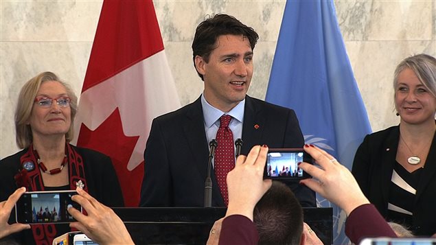 Prime Minister Justin Trudeau officially launched Canada’s campaign for a non-permanent seat on the Security Council In the lobby of the United Nations headquarters in New York on March 16, 2016.