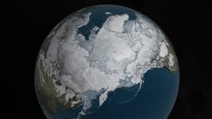 This image provided by NASA shows Arctic sea ice at it maximum, the lowest on record. The winter maximum level of Arctic sea ice shrank to the smallest on record, thanks to extraordinarily warm temperatures, federal scientists said. 