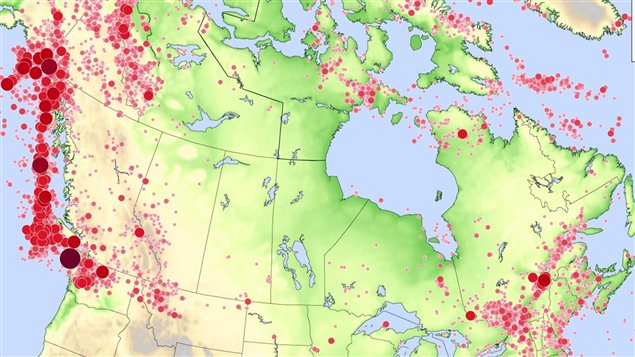 Tremblements de terre au Canada de 1627 à 2010 © Radio-Canada