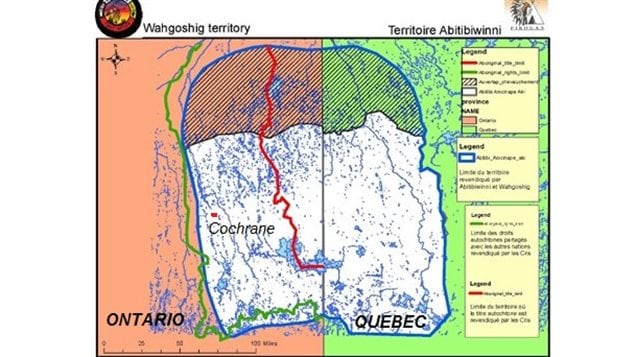 The province of Quebec is shaded green, Ontario-tan. The Blue line encircles present Wahgoshig and Abitibiwinni treaty area.The shaded area is shared. Red line indicates new limit in Ontario claimed as outright Cree title territory, the Green line as limit of aboriginal rights (to be shared) Both or the lines claimed by the Cree extend northward to James Bay. Approximate location of the town of Cochrane shown