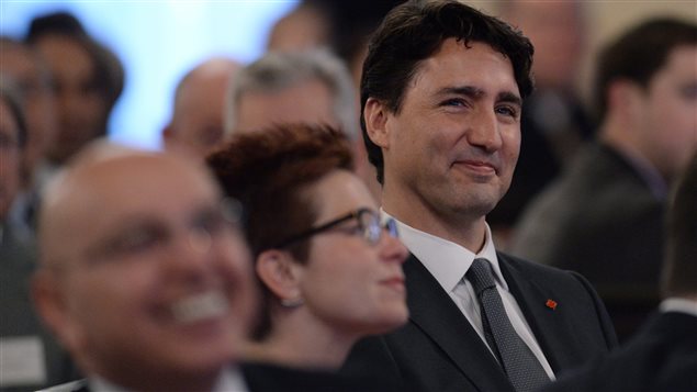  Prime Minister Justin Trudeau listens to opening remarks prior to delivering remarks and taking part in a question and answer session at the United States Chamber of Commerce in Washington, D.C., on Thursday, March 31, 2016.