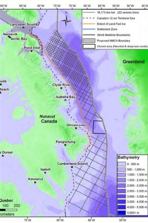 another view of seismic testing area proposed, including into the proposed NMCA Lancaster sound area and all down the coast of Baffin Island