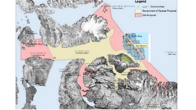 YELLOW- the government proposed NMCA PINK the QIA proposed NMCA Crosshatch area shows area of the questionable exploration permits which overlap the QIA proposal 