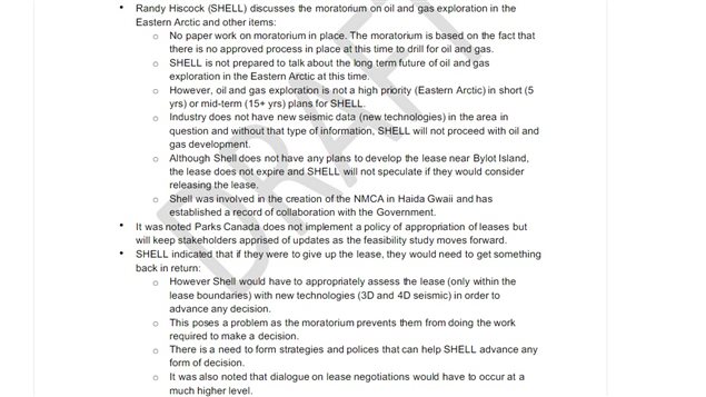 A portion of the minutes of meetings obtained by Greenpeace showing that Shell says *the lease does not expire and Shell will not speculate if they would consider releasing the lease* and if they did give up the lease, *they would need to get something in return*