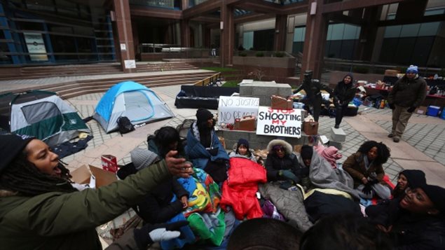 Black Lives Matter protesters camped out in front of the Toronto Police Headquarters in Toronto on Monday March 21. They have since moved to the Ontario legislature