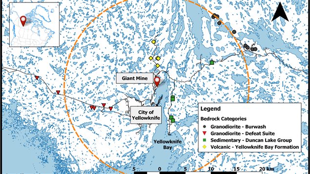 Map showing the Giant mine site, nearby city of Yellowknife, and the extent of toxicity tested (so far) in the research project.