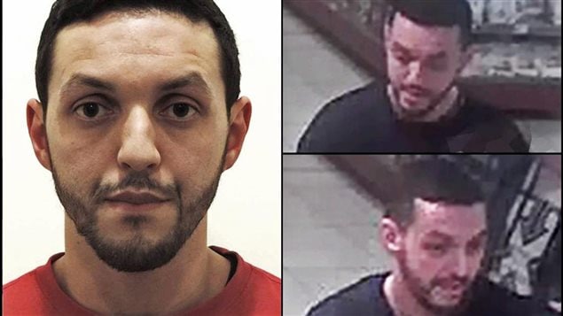 Cette photo fournie par la police belge montre Mohamed Abrini. Les images de droite sont extraites d'une vidéo de surveillance captée dans une station-service de Ressons, deux jours avant les attentats de Paris.
