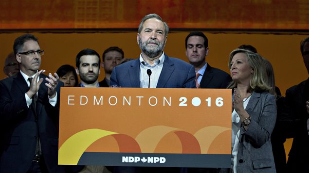 On April 10, 2016, NDP Leader Tom Mulcair was applauded after his party voted 52 per cent in favour of replacing him. 