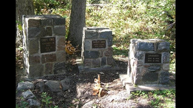 The graves of Grey Owl, Anahereo and daughter Shirley Dawn at Ajawaan Lake, Prince Albert National Park, Saskatchewan