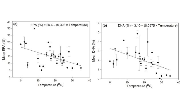 Graph showing that as temperature increases, production of EPA and DHA decreases.