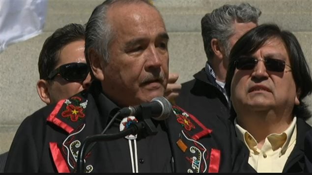 Speaking on the steps of the Supreme Court building in Ottawa, Thursday April 14, National Chief of the Congress of Aboriginal Peoples, Dwight Dorey expressed great sastisfaction at the decision declaring Metis and non-status Indians to be included under the federal jurisdiction along with status *Indians*
