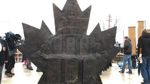 Rear view of the memorial to the Canadian Forces, showing headstones like those found in Canadian military cemetaries in Europe.