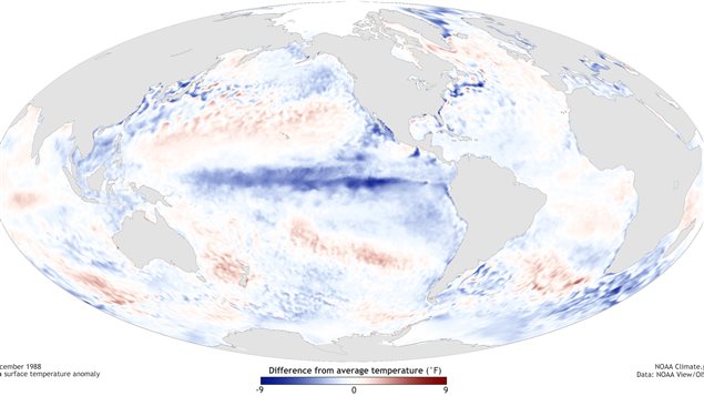A map shows ‘sea surface temperature anomaly’ during a strong La Nina in December 1988.