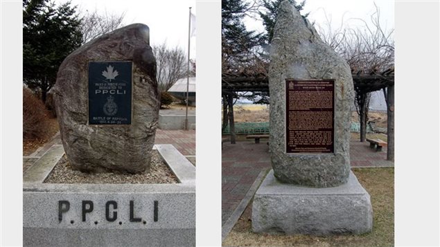 LEFT= Th monument to the PPCLI for heroism in defence of Hill 677 on April 24-25 by 2PPCLI RIGHT-the monumnet to Canadian participation in the Korea War. Both at the Kapyong Canadian Memorial, Korea