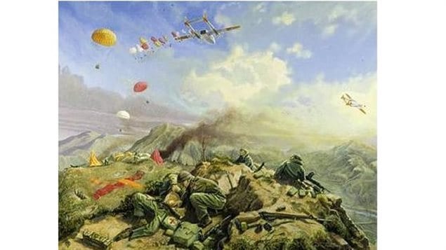 *Holding at Kapyong,* by Edward Fenwick (*Ted*) Zuber. This painting depicts resupply of Canadian troops during the Battle of Kap’yong, 24-25 April 1951.