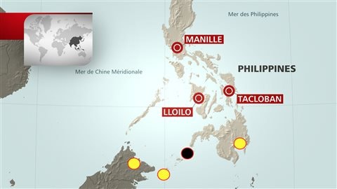Sur cette carte de l’archipel des Philippines, le cercle noir représente la province de Sulu, où la police affirme avoir découvert la preuve de l’exécution de John Ridsdel. L’hôtel Holiday Oceanview, où il avait été enlevé, est représenté par le cercle jaune qui se trouve tout à droite.