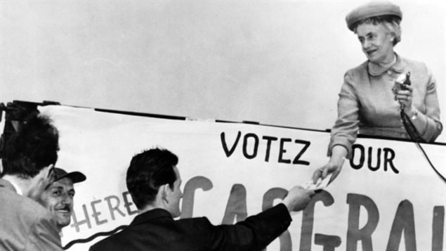 Thérèse Casgrain, who had long fought for women’s suffrage as president of the League for Women’s Rights in Quebec from 1929 to 1942, is pictured during an election run in 1967. 