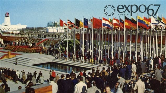 Postcard showing opening ceremonies, British pavillion in the upper left background