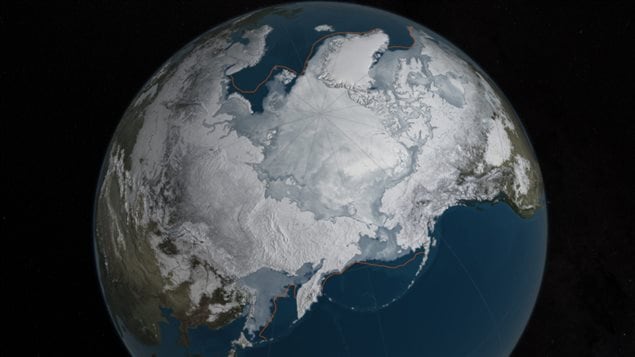  This image provided by NASA shows Arctic sea ice at it maximum, the lowest on record. The winter maximum level of Arctic sea ice shrank to the smallest on record, thanks to extraordinarily warm temperatures, federal scientists said. (NASA/AP/The Canadian Press)
