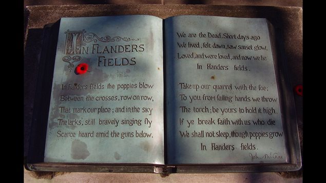 Inscription of the complete poem in a bronze “book” at the John McCrae memorial at his birthplace in Guelph, Ontario, Canada 