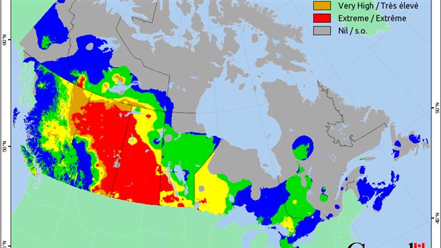 Today’s image from the Canadian Wildland Fire Information service shows extreme fire danger risk from Northern British Columbia, across most of Alberta into central and southern Saskatchewan, and southern Manitoba
