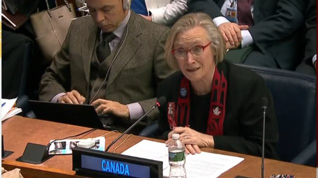 Carolyn Bennett, Minister of Indigenous Affairs announcing at the UN today that Canada would now implement the 2007 UN motion on indigenous rights
