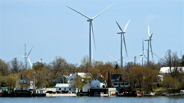 Some of the 86 turbines currently located on Wolfe Island in the St Lawrence just off Kingston.