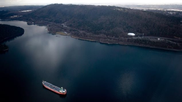 A tanker near Kinder Morgan’s Westridge Marine Terminal in Burnaby, British Columbia. Environmental groups and Indigenous coastal communities worry about the potentially devastating impact of oil spills and increased tanker traffic in the ecologically sensitive area. 