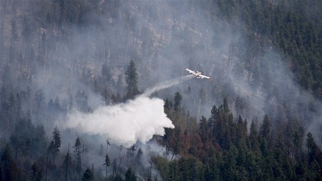  A water tanker drops a load of water on a wild fire in West Kelowna, B.C. Thursday, July 23, 2015.