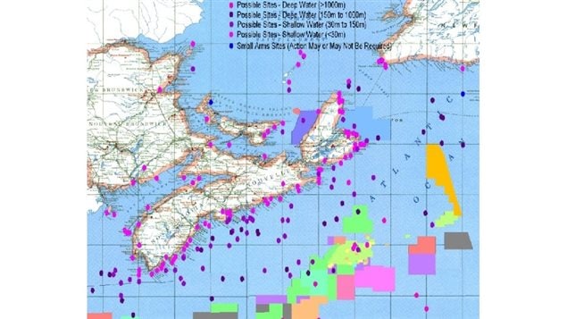 Map showing possible ordnance dump sites around Nova Scotai and other maritime provinces