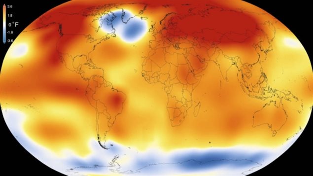 Except for an area around Labrador, southern Baffin Island, and the southern tip of Greenland, data from NASA shows record levels heat in most of the world in 2015