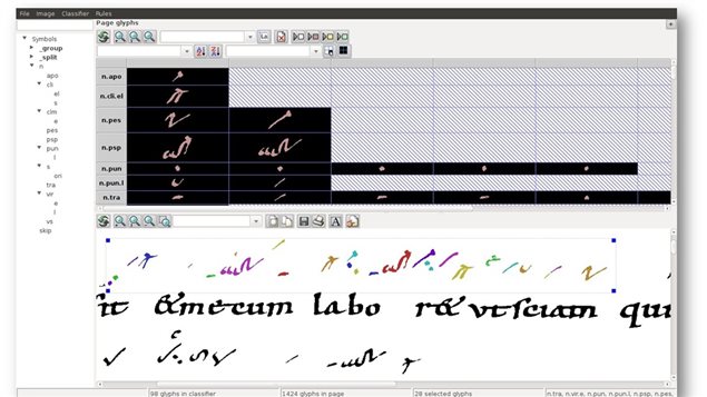 Screen grab of computer programme identifying various neumes in a scanned medieval musical text